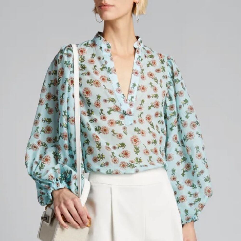 Alice + Olivia RAYA Blouse Top Dazed Silk Blend Floral Blue Long Sleeve S